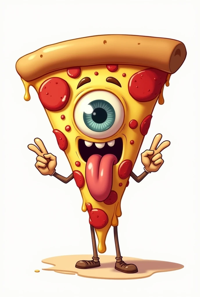 **Slice of CARTOON STYLE animated pizza with a very serene appearance, WITHOUT A MOUTH OR SMILE, just one eye in the center of a pyramid-shaped triangle with the main vertex pointing up, sticking out a long tongue in a rock style similar to the Rolling Stones logo, with melted cheese. The triangular slice resembles the Illuminati symbol, and in one hand, it is clearly making the "rock horns" or "maloik" gesture.** It looks like a cartoon with a pin-up style, with amazing 4k quality colors, a white background, and well-cast shadows where they need to be. Let it be a standing pepperoni pizza, with melted cheese.