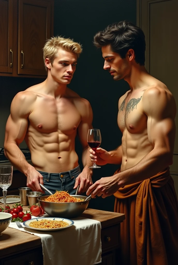 Rembrandt+Baroque+oil_painting., whole body, colores intenso duros vividos un joven rubio nordico cuerpo tonificado fuerte piel blanca shirtless, barefoot, blonde hair blue eyes no beard, gentle look, shirtless, a Latin painter, delgado, black hair. The blond man is cooking spaghetti with sala, the painter serves the wine, both men in the kitchen