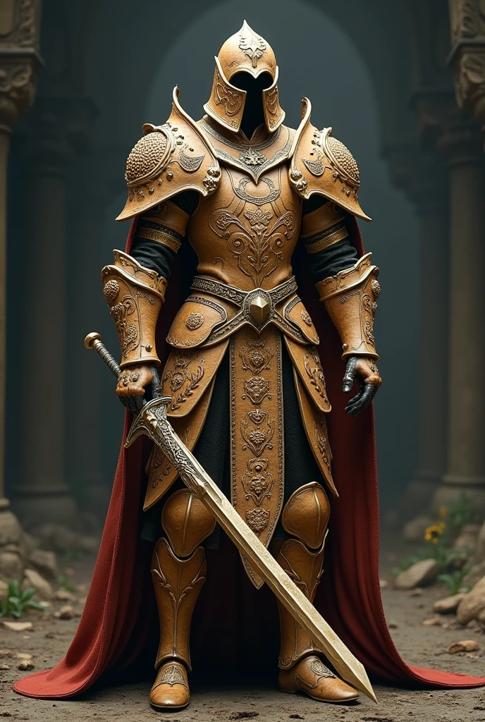 A complete suit of armor made entirely out of cookies. The armor is a medieval style of dark souls elegant and is made up of cookies. armor with high movility with a long sword medieval
