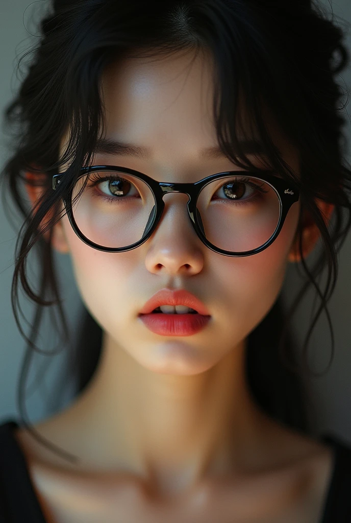 The face is a Chinese sexy woman，Wearing round glasses with black frames