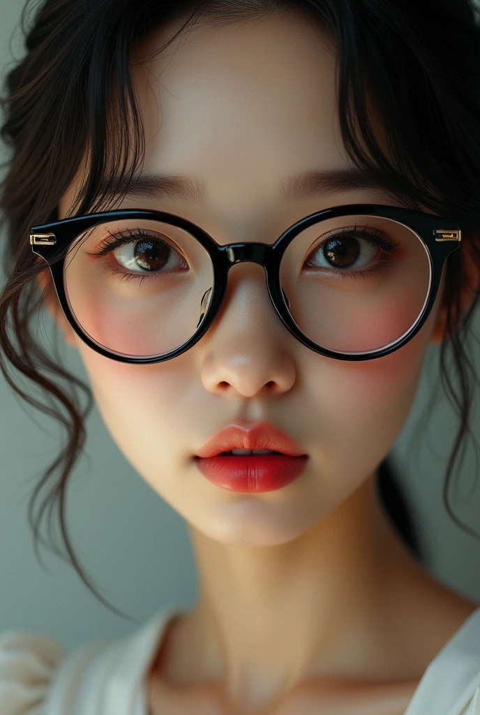 The face is a Chinese sexy woman,Wearing round glasses with black frames