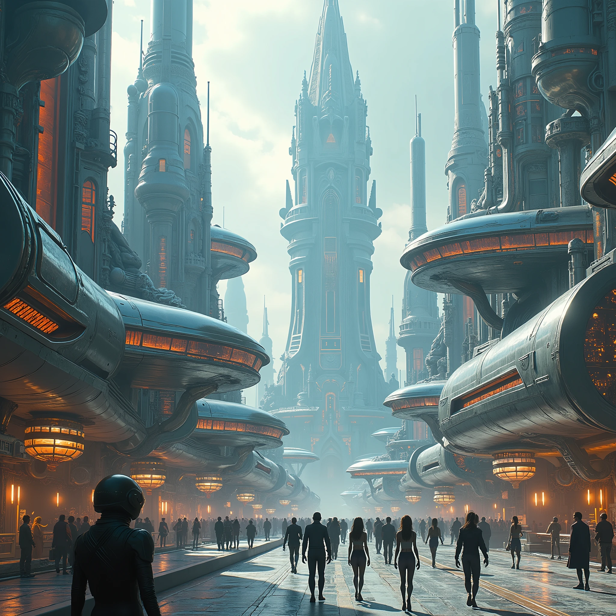 Une Civilisation Extra-Planétaire Basée sur une Ressource le Rodhium. ((Hautement Détaillé de Haute Qualité,)) Science Fiction, (Rodhium Punk City). (Explore Chrome Colors)