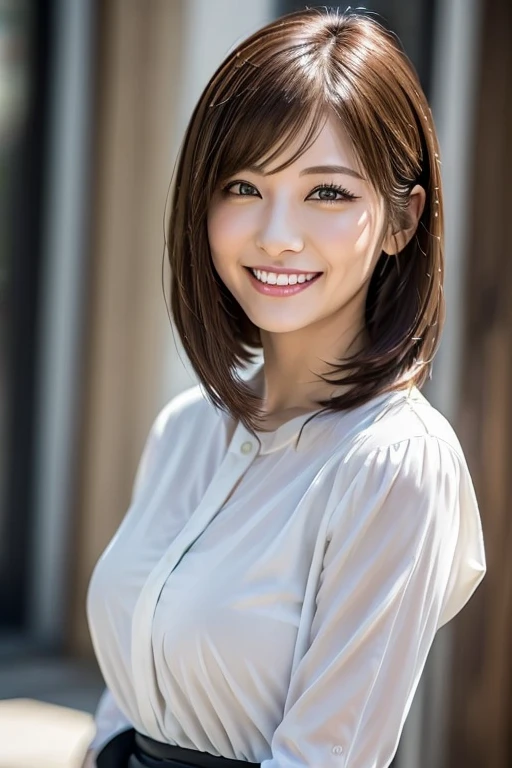 日本人女性　正統派美女, キュート, かわいい, 美しい, 笑顔, やまとなでしこ, 超リアル, もっとリアル, 本当の女性, 本物みたい, 下から, 本人みたい, スーパーリアル, ボブ, 上半身