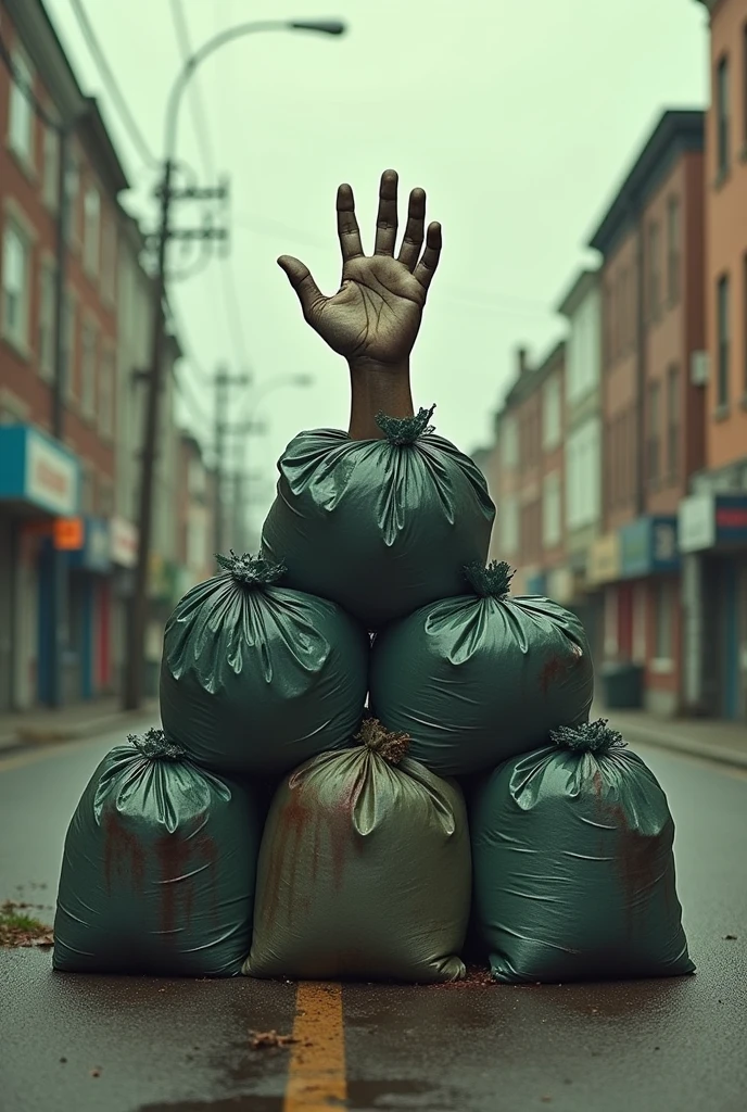Un tas de sacs poubelles de face qui forme une forme triangulaire dans le style de Wes Anderson mais réaliste dans un style un peu bizarre dégueu avec une lumière orangé. La main d'un cadavre ressort du sac poubelle au sommet du triangle 