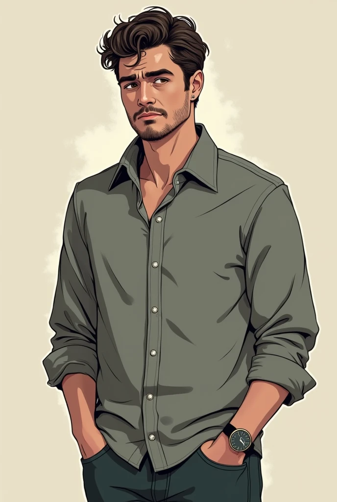 A young man of thirty years old with a tired and pessimistic appearance, the same annoying and bitter appearance (full body illustrated drawing)