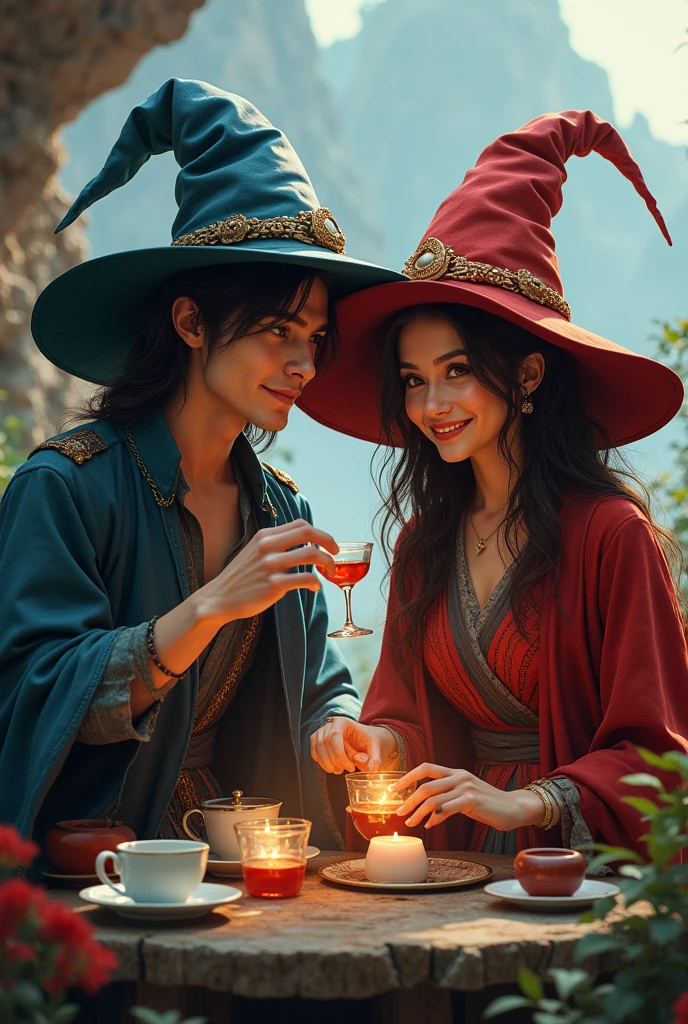 masterpiece, best quality, Wizard Tea , Red Cliff, Handsome male witch, Beautiful witch, Very detailed and realistic eyes, Happy, Energetic, rich and colorful,
