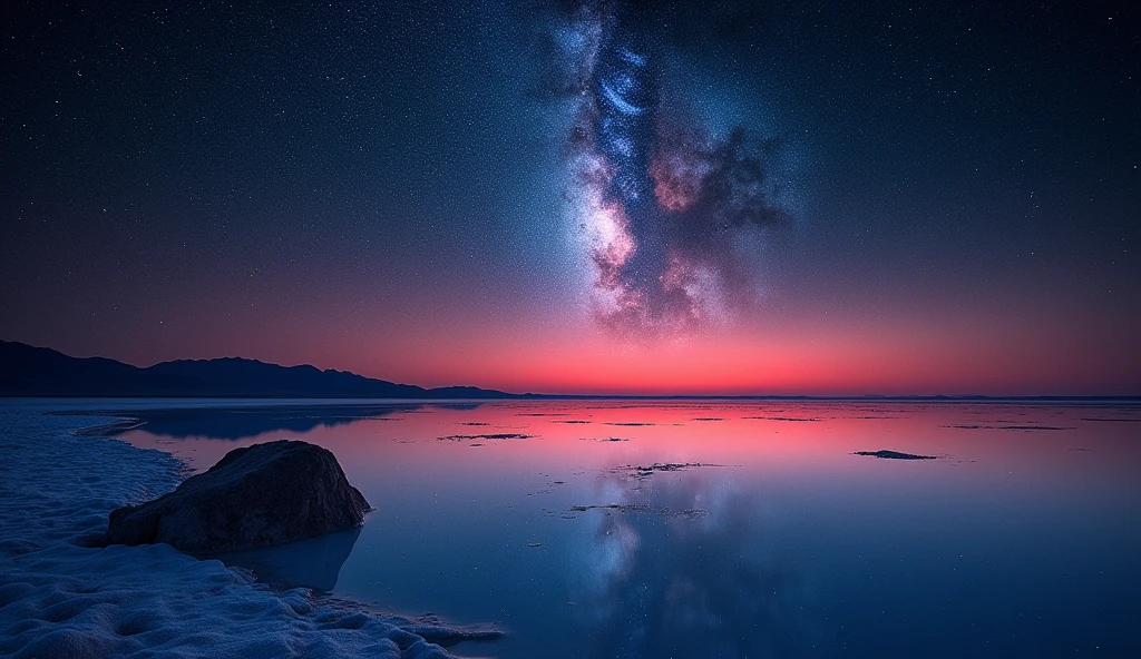 Highest quality、masterpiece、Film Grain、Ultra-high resolution、Galaxy reflected in the Uyuni Salt Flats、(((red Starry Sky:1.5)))、blue crescent moon :0.1、