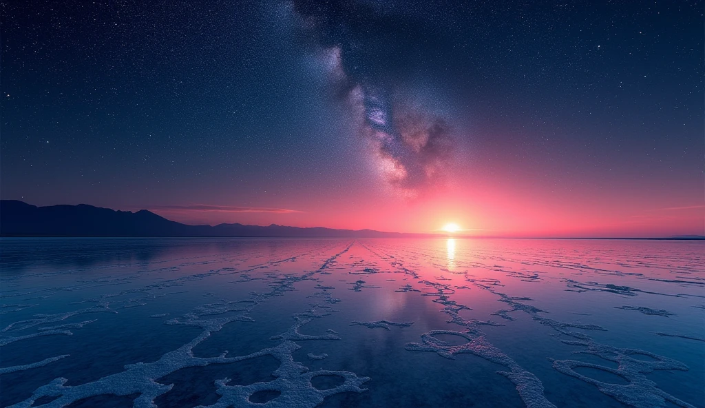 Highest quality、masterpiece、Film Grain、Ultra-high resolution、Galaxy reflected in the Uyuni Salt Flats、(((red Starry Sky:1.5)))、blue crescent moon :0.1、