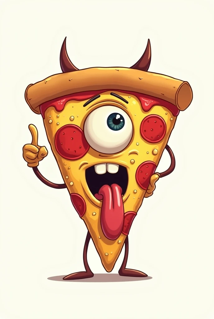 **Slice of CARTOON STYLE animated pizza with a very serene appearance, WITHOUT A MOUTH OR SMILE, just one eye in the center of a pyramid-shaped triangle with the main vertex pointing up, sticking out a long tongue in a rock style similar to the Rolling Stones logo, with melted cheese. The triangular slice resembles the Illuminati symbol, and in one hand, it is clearly making the "rock horns" or "maloik" gesture.** It looks like a cartoon with a pin-up style, with amazing 4k quality colors, a white background, and well-cast shadows where they need to be. Let it be a standing pepperoni pizza, with melted cheese.