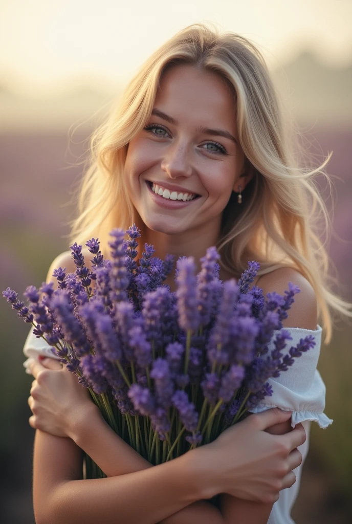 blonde, 20 year, glad, hugs bouquet of lavender flowers. haze, madrugada, front of Casafiltro Foggy. David Hamilton Style.