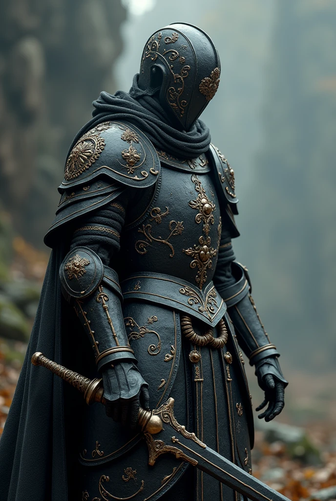 A complete suit of armor made entirely out of cookies. The armor is a medieval style of dark souls elegant and is made up of cookies and the helmet cover all the head and have a mask to protect his face. armor with high movility with a long sword medieval