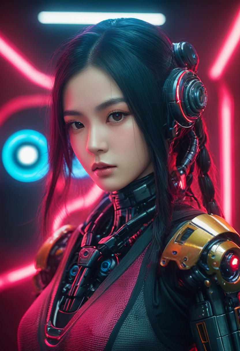 mixgirl. Highly detailed professional 35mm film, bokeh, face in sharp focus. A robotic female, Miku, with ((metal skin)), ((perfect Asian eyes)) with magenta irises and ((black pupils)), beautiful serious (detailed face), 18 year old ((photorealistic face)), very long magenta twin tails of magenta hair, twin black hair ties with a single red stripe. She may have a black audio headpiece. We can see her ((full body)) down to her boot soles. Her outfit is a sleeveless collared light grey shirt, outlined in red around the frilled collar and hems. Shiny reflective ((metallic brups, dimpleless)), invisible nipples.ars black sleeves with red hems that start around her upper arm and bellow out as the sleeves open and extend to her wrists, with wide trumpet red rimmed cuffs. She has perfect robotic (detailed hands). She wears a red colored tie with two horizontal solid parallel black lines halfway across. She wears a fabric black skirt with a horizontal red hem at the bottom all the way around; her (((black skirt wraps around her))) and ((her skirt completely covers)) her robotic waist and thighs. Tall black boots with red bottom soles, a red rim around the top at her thighs. Her mechanical shoulder joints are visible. We can see her robotic legs and robotic neck. Half of her is covered with shiny polished machinery. The background is a distant dark neon futuristic Japanese city, gold, cyan, violet neon, near harbor or mountains.