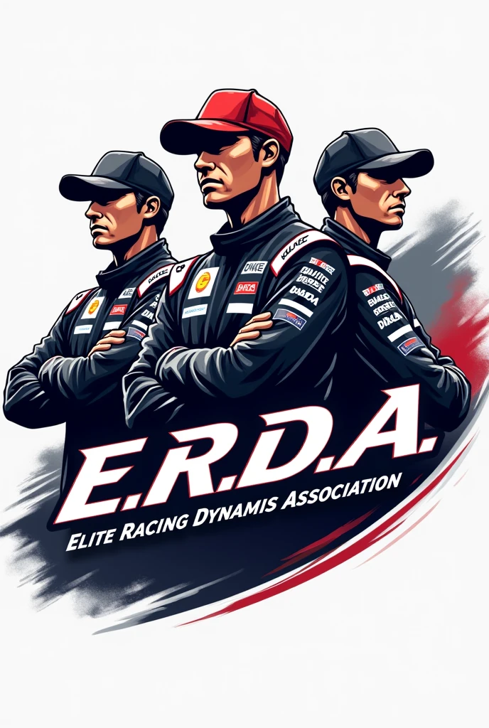 Create a logo for a car racing team called E.R.d.A elite racing dynamics association seja fiel ao nome por favor, uma logo more professional com 3 pilotos, more professional