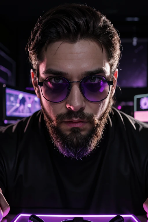portrait of a bearded artist with sunglasses in a dark room with purple neon lights and computers appearing in the background