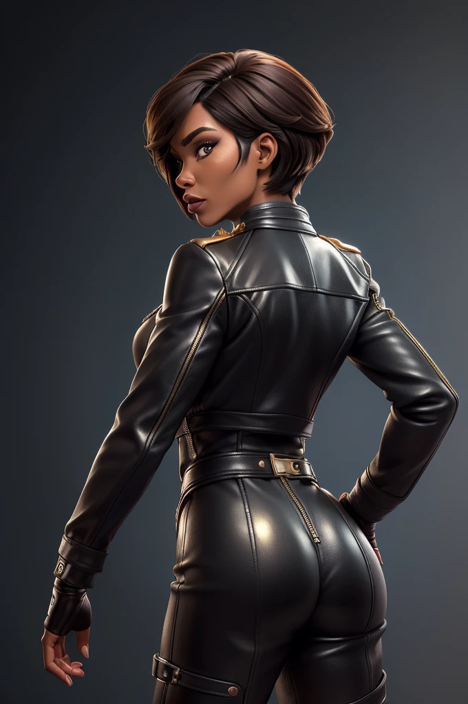 obra prima, melhor qualidade, ((only one woman,)) ((angela bassett, dark black skin, short brown bob hair, heavy makeup eye shadow)) (((wearing black leather jacket,))) (((jacket is zipped up, jacket covers waist and ass,))) ((jacket has padded shoulders,)) ((jacket has stiff high collar,)) ((gold pvc gloves,)) body is very skinny, ((standing up, arched back, sexy pose,)) (((camera back view, extreme closeup view of upper body,))) shallow depth of field, highres, HD, 8k, anatomically correct