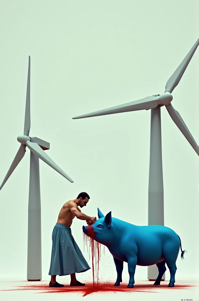 Homem de saia cortando a cabeça de um porco azul ao lado de dois cataventos triangulares