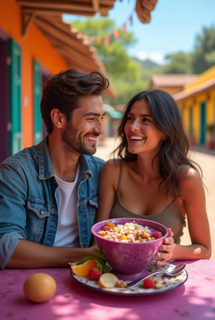 Realistic Man and Girlfriend 25-35 years old, In Mexico eating açaí in a bowl , ultra HD, high qualiy, best qualityer, high resolution, 8k, 16K