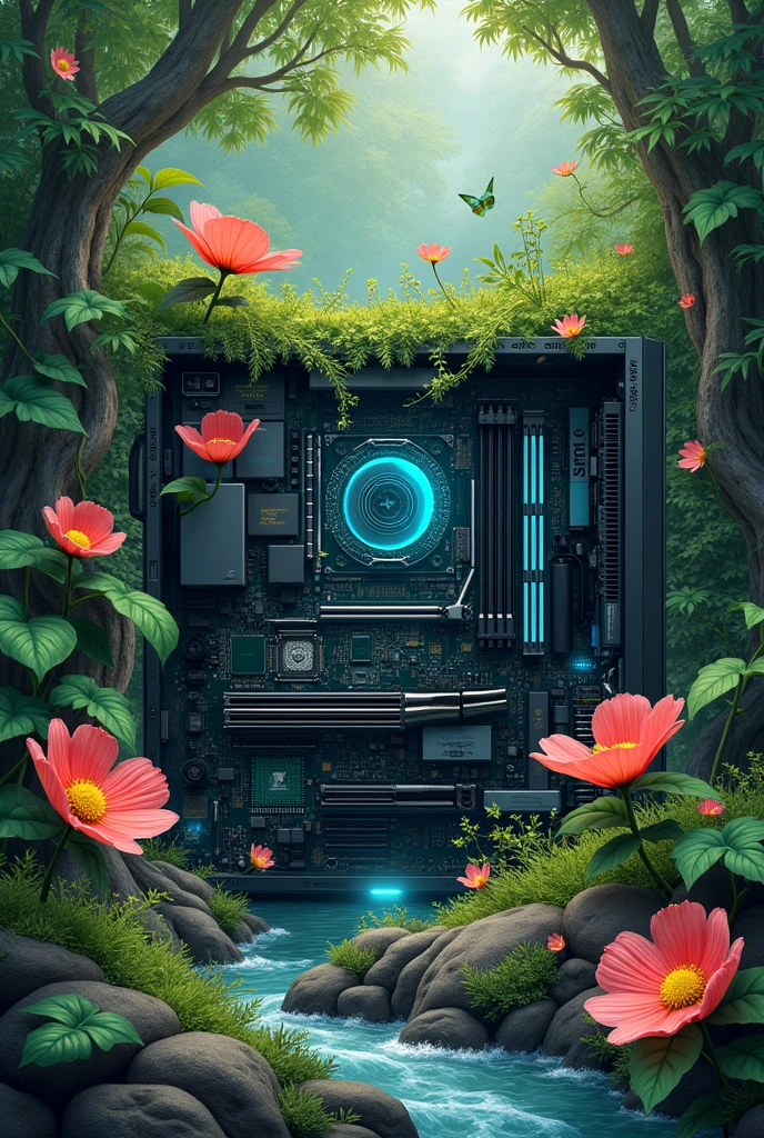 Creatively draw the connection of the internal parts of the PC , something natural