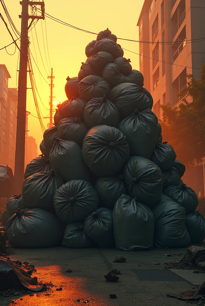 Un tas de sacs poubelles de face qui forme une forme triangulaire dans le style de Wes Anderson mais réaliste dans un style un peu bizarre dégueu avec une lumière orangé. Les sacs sont écrasés les uns par les autres, le tas semble lourd 