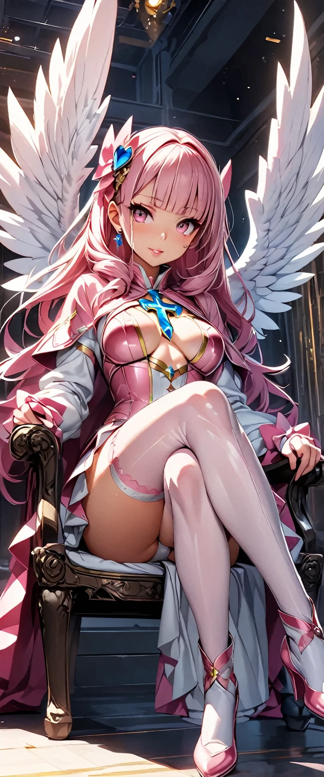 (Perfect Anatomy)、Mastepiece、Ultra High Quality、 8k、masterpiece、Highest quality、Ultra-high resolution、Maximum resolution、Very detailed、Professional Lighting、anime、woman、thin、so beautiful、Highly detailed eye、Highly detailed face、Golden earrings、Pink Hair,、Pink eyes、Detailed costume patterns、Mid-chest、Blue jewel on chest, makeup, eyeliner, eye shadow, pink cheek, pink lips, upper arm pink armor, white leotard, pink pattern, full body, magical girl, Angel Girl, Are standing, pink thigh high stockings, white super long boots, pink gauntlet, high heels, blunt bangs, Hime cut, bridal hair accessory, paladin robe, Cute room、Sit on a chair、(((Cross your legs)))