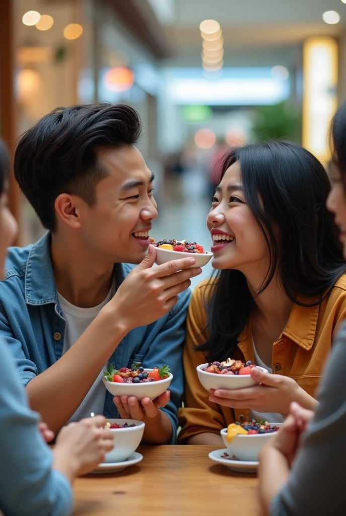 Realistic man and wife 25-35 years old, At the mall, black hair eating açaí , with friends Ultra HD, high qualiy, best qualityer, high resolution, 8k, 16K