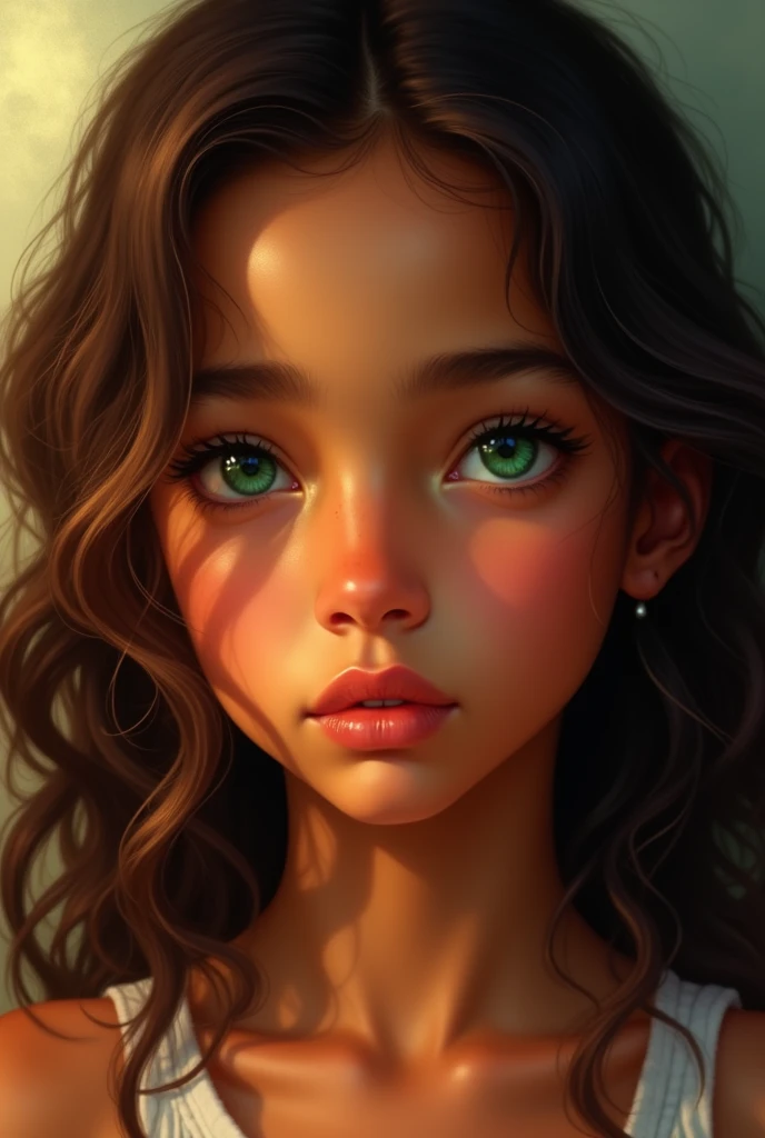 A hispanic girl, , tanned skin, long curly brown hair, Green eyes.