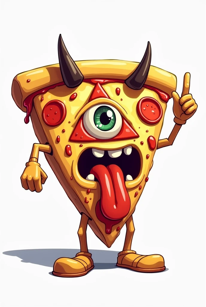 **Slice of CARTOON STYLE animated pizza with a very serene appearance, WITHOUT A MOUTH OR SMILE, just one eye in the center of a pyramid-shaped triangle with the main vertex pointing up, sticking out a long tongue in a rough rock or biker style, with melted cheese. The triangular slice resembles the Illuminati symbol, and in one hand, it is clearly making the "rock horns" or "maloik" gesture.** It looks like a cartoon with a pin-up style, with amazing 4k quality colors, a white background, and well-cast shadows where they need to be. Let it be a standing pepperoni pizza, with melted cheese.
