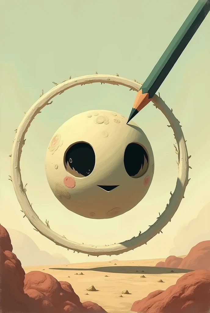 A planet with a 1930s-style face, with completely black eyes and a triangular cut in them. The planet smiles as a giant pencil draws a circle around it. Retro aesthetics, soft colors and subtle shadows.
