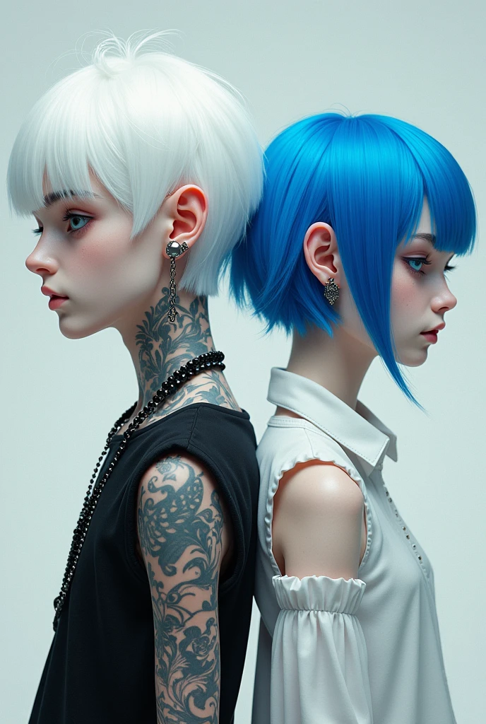 White-haired, pale-skinned boy, tattoos on arms and neck with grey eyes and ear piercings with a white skinned girl with short electric blue hair with blue eyes and ear piercings.
