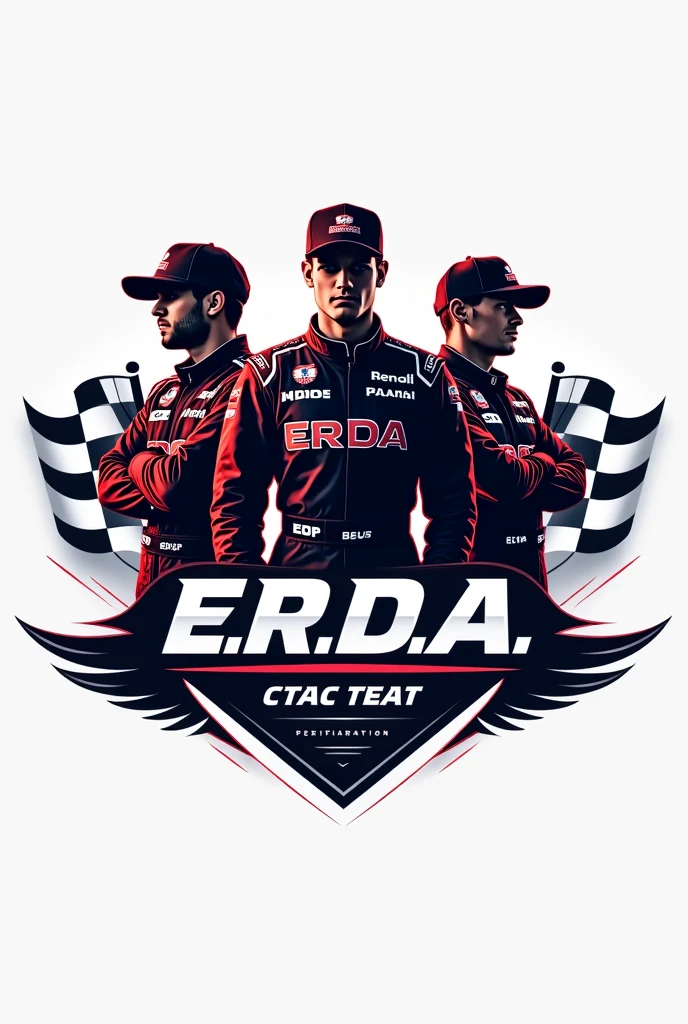 Create a logo for a car racing team called E.R.d.A elite racing dynamics association  seja fiel ao nome por favor, uma logo more professional com 3 pilotos, more professional 
