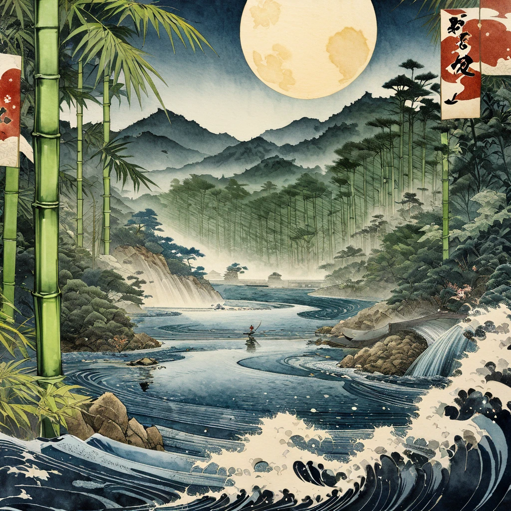 Ukiyo-e, Japanese painting, woodblock print, Watercolor, bamboo forest, A single bamboo stalk glowing golden, Fantasy,A huge red full moon in the background, (Super detailed, The absolute solution, Highest quality:1.3), 2.5D, delicate and dynamic, artistic, Hyper, Graphics CG Digital Art
