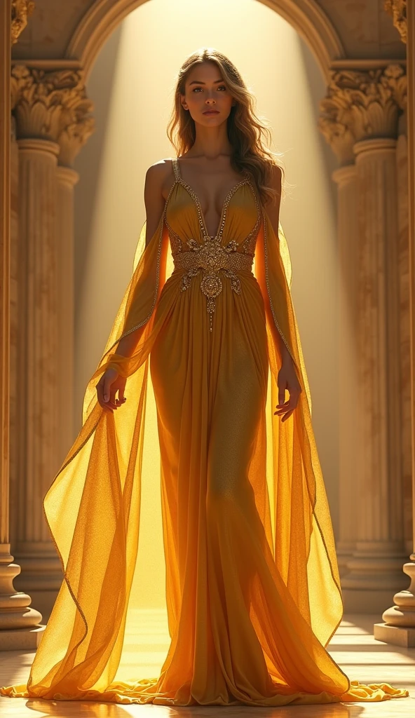 Very beautiful golden goddess, Dress in the style of ancient Greece, whole body
