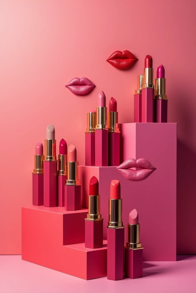 Lipsticks that have a kiss logo written in the color of the lipstick for advertising but the background is the color of the lipsticks (only lipsticks less people) and pure images with each step that is falling