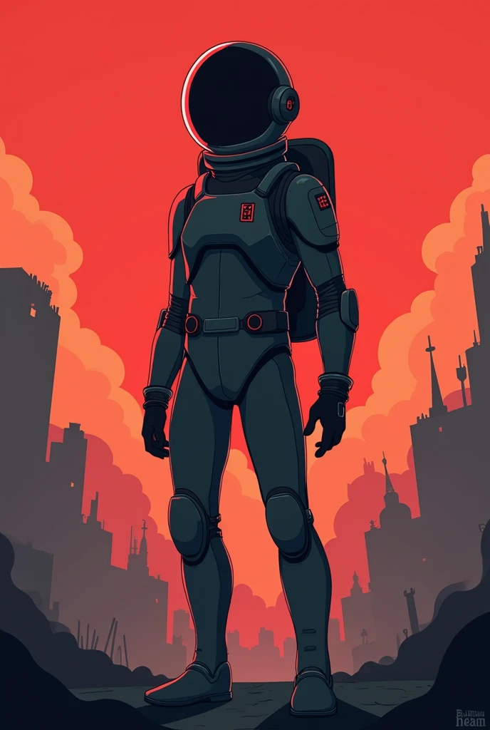 whole body, Flat colors, flat textures, anime, young man in astronaut suit, only one person, apocalyptic background, black and red trwje