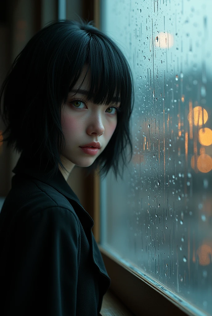 Ultra camera photo realistic of a woman in a room inside near the window as it rains. the woman with a short black jacket and long black hair and green eyes and a right reflection light shines in the woman’s face
