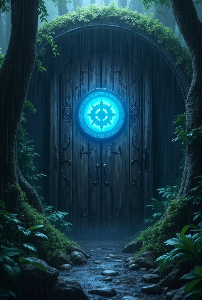 a mystery door with this symbol of light in its center that shines blue and is in a dark forest and it is raining.