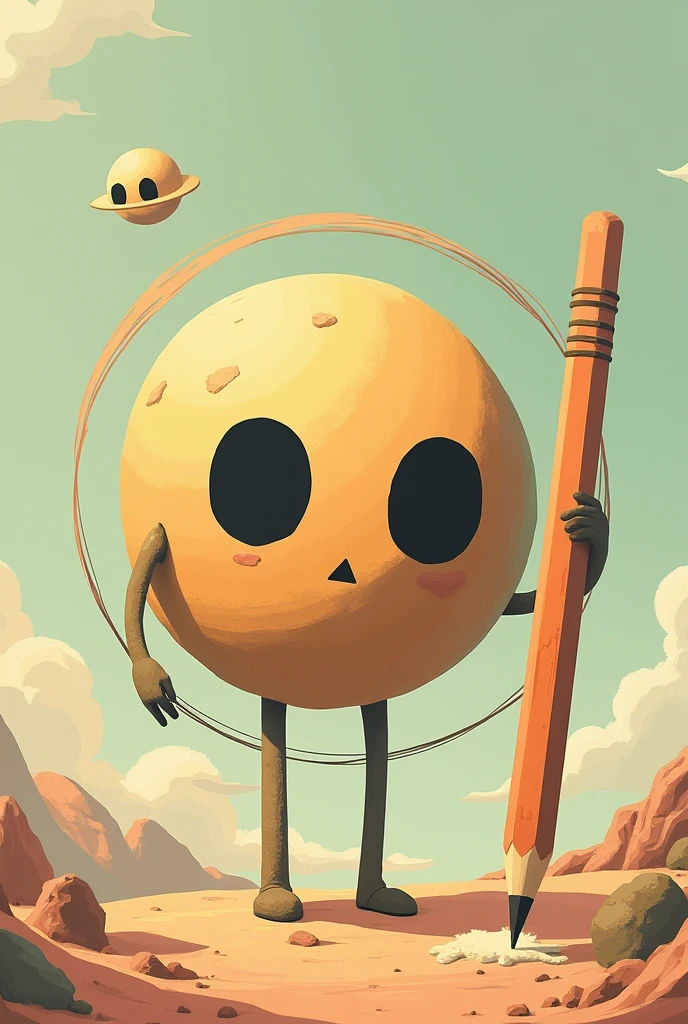 A planet with a 1930s-style face, with completely black eyes and a triangular cut in them. The planet smiles as a giant pencil draws a circle around it. Retro aesthetics, soft colors and subtle shadows.