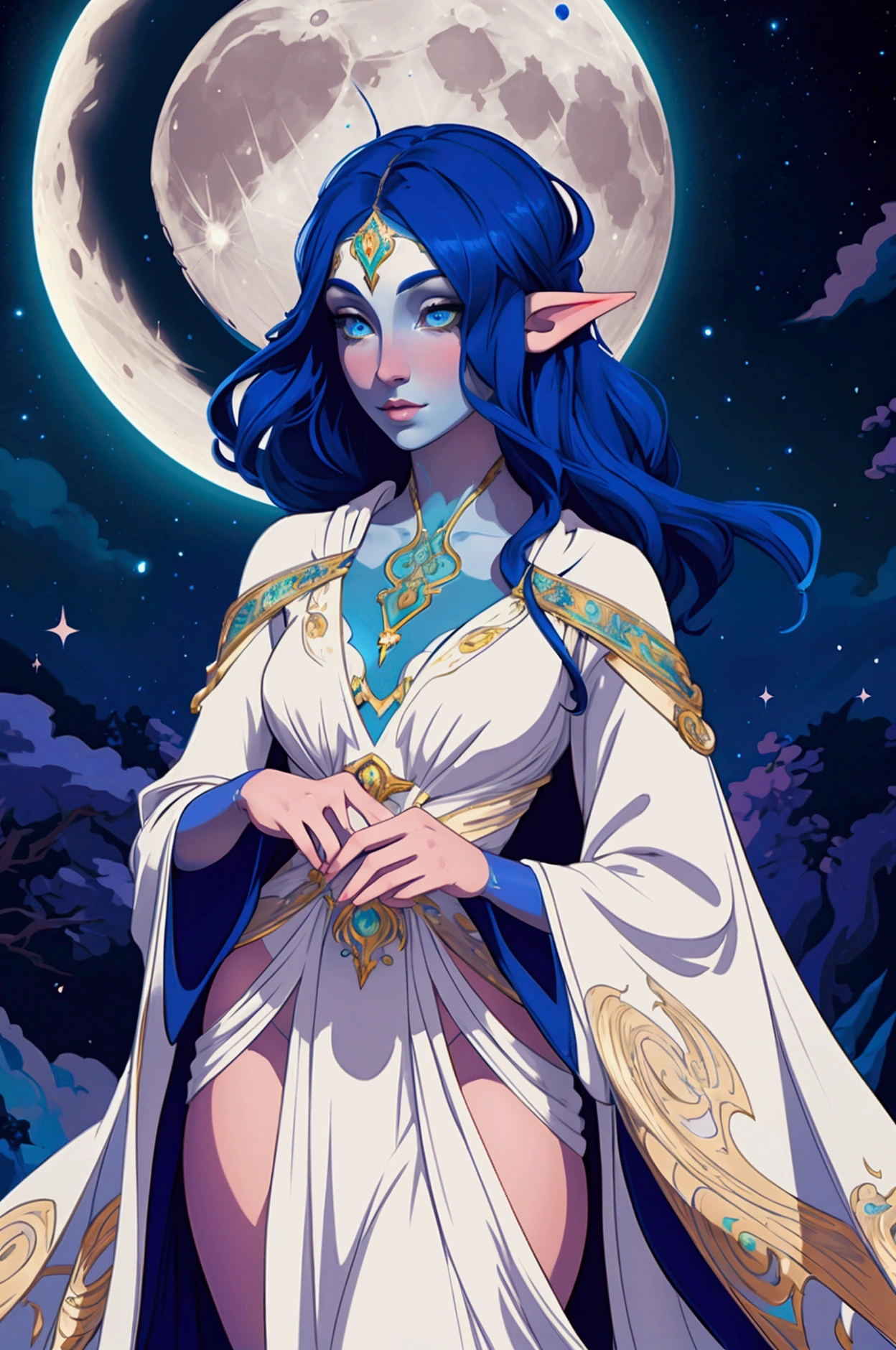 A beautiful moon elf, in an art nouveau pose, wearing sexy robes, against a moon background, detailed face and eyes, realistic, illustration, ultra-detailed, masterpiece, 8k, vibrant colors, dramatic lighting