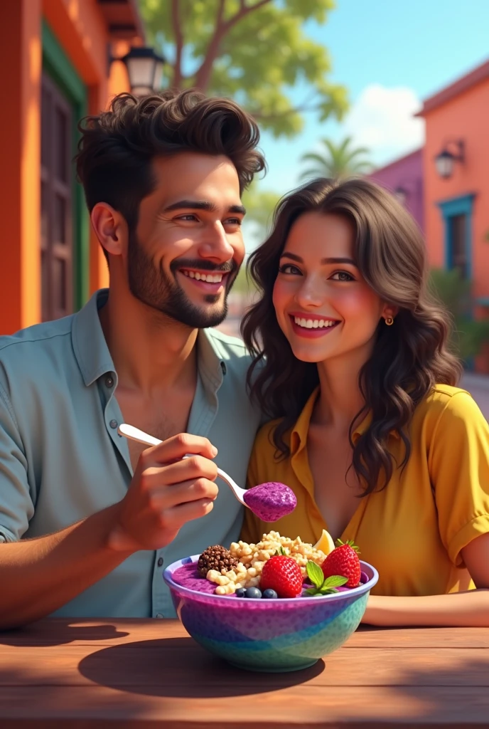 Realistic Man and Girlfriend 25-35 years old, In Mexico eating açaí in a bowl , ultra HD, high qualiy, best qualityer, high resolution, 8k, 16K
