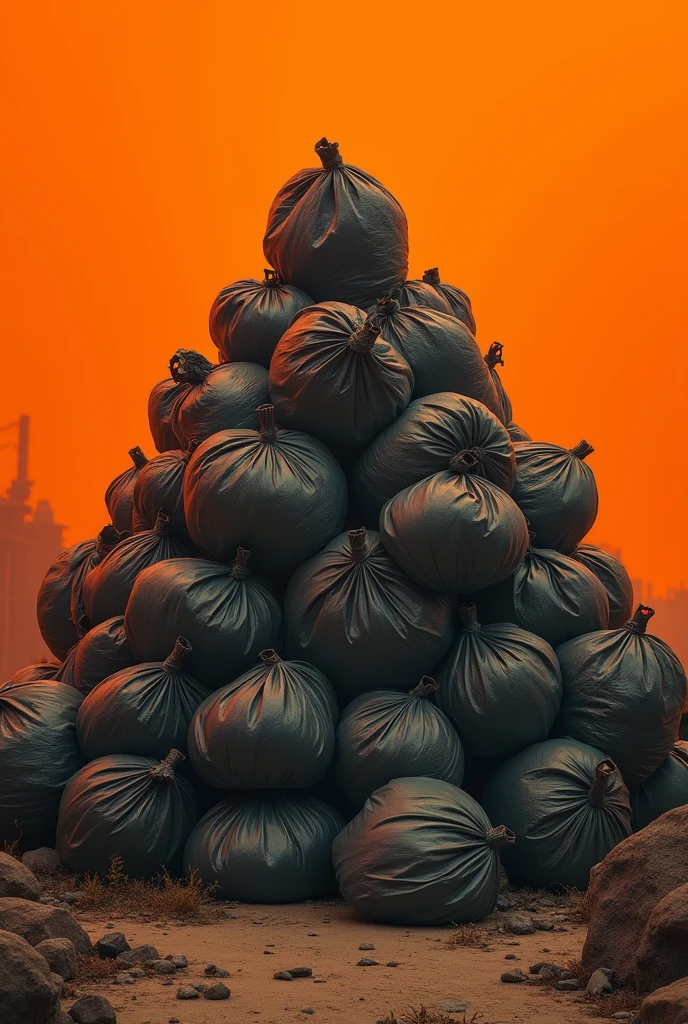 Un tas de sacs poubelles de face qui forme une forme triangulaire dans le style de Wes Anderson mais réaliste dans un style un peu bizarre dégueu, crades avec une lumière orangé. Les sacs sont écrasés les uns par les autres, le tas semble lourd mais il est pas très haut. Format paysage