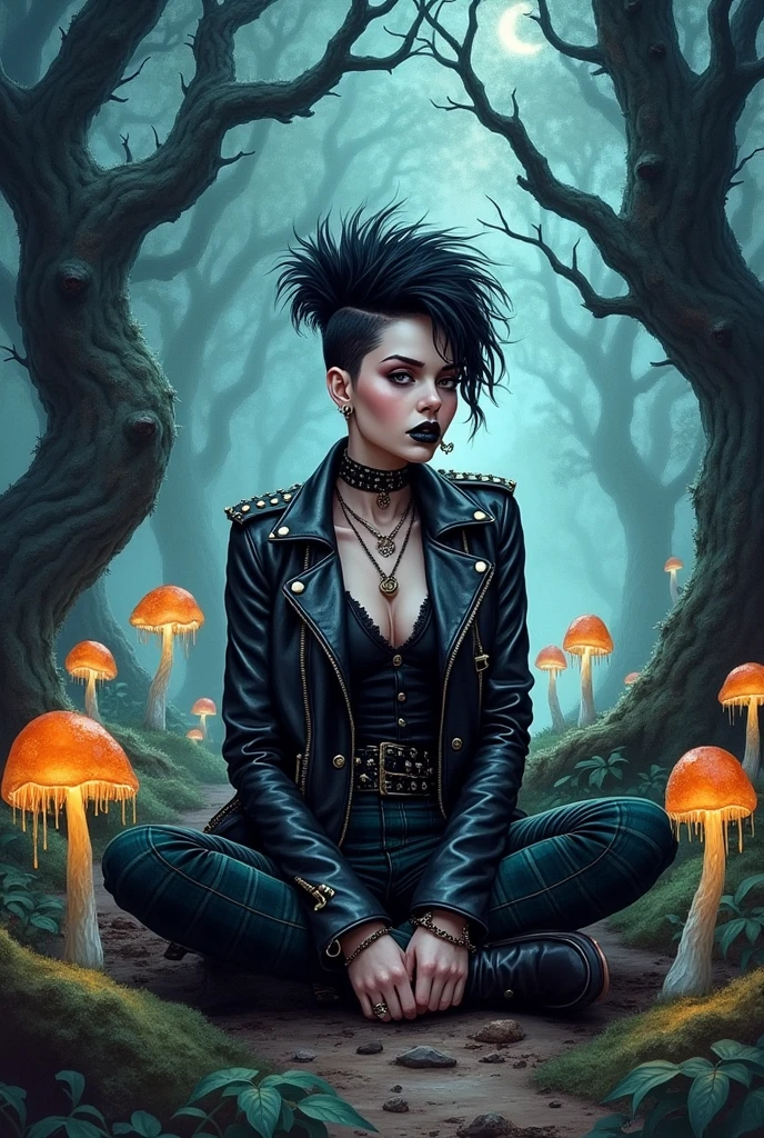 A fierce goth tomboy, with a mohawk and dark lipstick, dressed in a studded leather jacket and plaid pants, sitting on the ground, in a shadowy forest, surrounded by twisted trees and glowing mushrooms, (A Watercolor illustration in the style of Fantasy Art, Dark Romanticism, and Alternative Art, by Brian Froud:1.3), inspired by Enid Sinclair