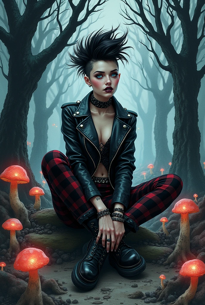 A fierce goth tomboy, with a mohawk and dark lipstick, dressed in a studded leather jacket and plaid pants, sitting on the ground, in a shadowy forest, surrounded by twisted trees and glowing mushrooms, (A Watercolor illustration in the style of Fantasy Art, Dark Romanticism, and Alternative Art, by Brian Froud:1.3), inspired by Enid Sinclair
