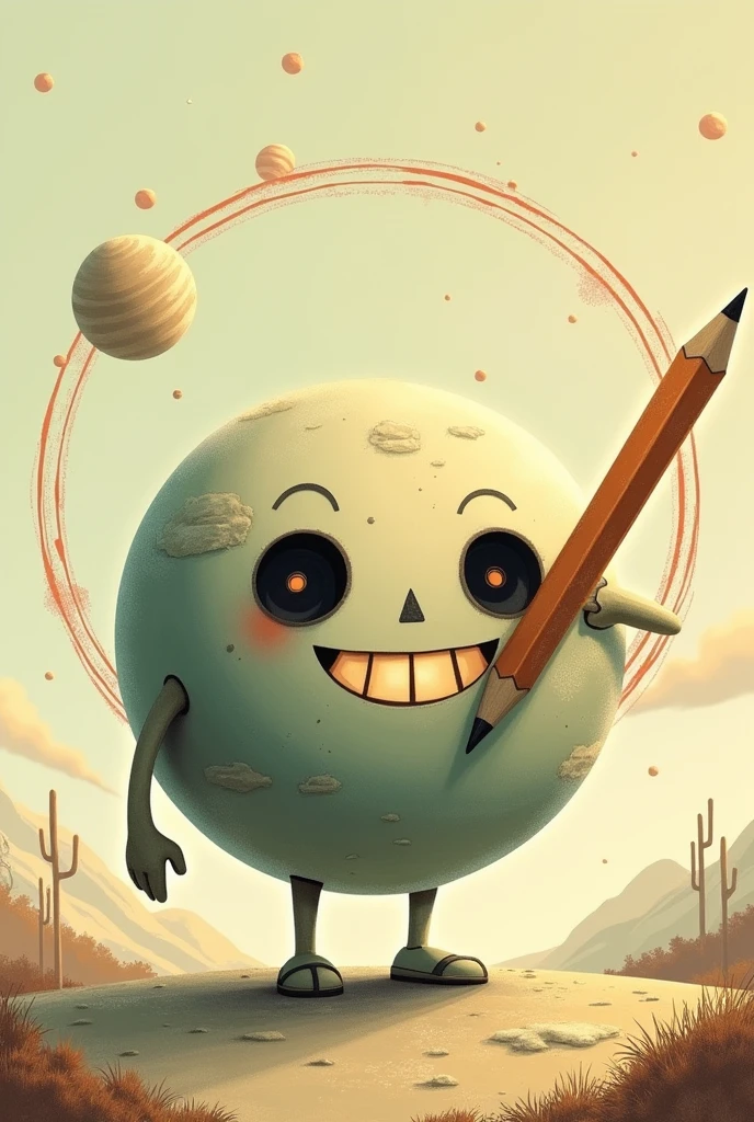 A planet with a 1930s-style face, with completely black eyes and a triangular cut in them. The planet smiles as a giant pencil draws a circle around it. Retro aesthetics, soft colors and subtle shadows.