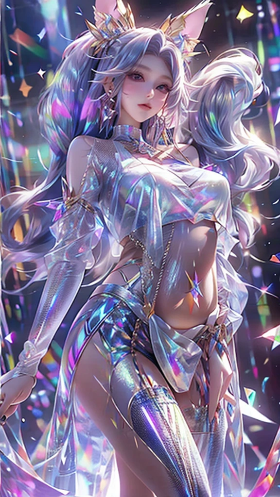 best quality,masterpiece,Ultra-high resolution,photoactual:4：0,ice crystals,snowstorm,beauty,kindly,A hot oriental woman,Crystal clear white long flowing hair,White fox ears,Big breasts,thin waist,White robe,pregnant,sideways,Above the waist,Close up