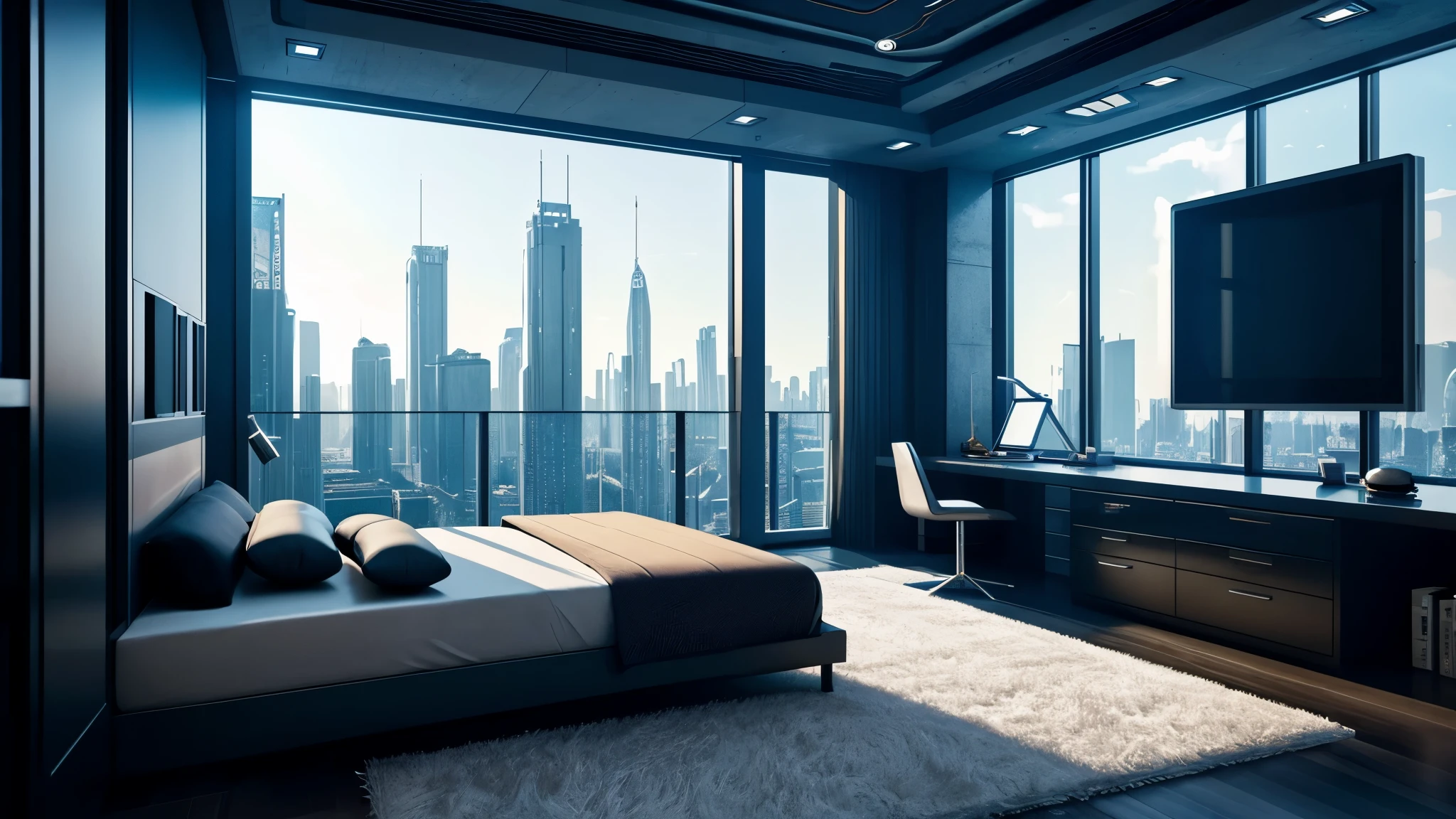 scifi, architectual, space design, cyberpunk, futuristic, luxury bedroom, hightech, hard-surface design, daylight, much tech, much electronic, much space, very cozy, ambient light, realistic view, wide angle, year 2124