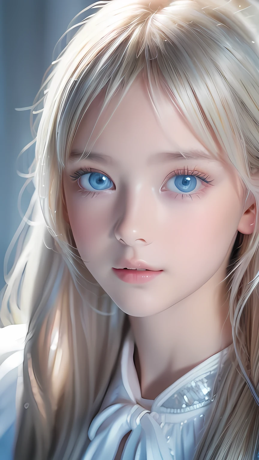 highest quality、8K Masterpiece、Ultra-high resolution、(Realistic:1.3)、RAW Photos、 girl of Scandinavian descent with shiny blonde hair、Silvery blonde hair、Super long straight hair、Bangs between the eyes、bangs over eyes、片bangs over eyes、Bangs between the eyes、White and lustrous skin、1. Cyberpunk Super Beautiful Soldier、((Ultra-Realistic Details))、Portraiture、Global Illumination、Shadow Realm、Octane Rendering、8K、Super sharp、Metal、Cold colors、、Very intricate details、Realistic Light、CG Association Trends、Very beautiful, large light blue eyes、Very big eyes、Eyes shining towards the camera、Neon Details、Small Face Beauty、Round face、Cheek highlight