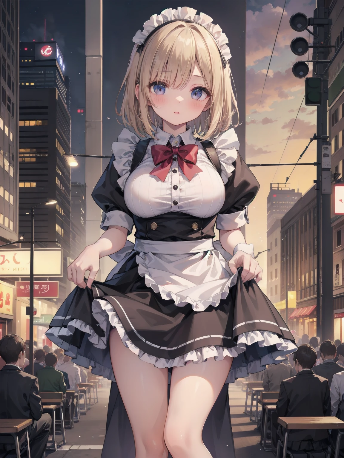 Highly detailed CG Unity 8k wallpaper, Top quality, Highly detailed, Masterpiece, Highly detailed pretty girl, 8 years old, (((lifting skirt by herself))), (lifting skirt by herself)), dynamic angles, sexy pose, blush, lips apart, looking at audience, half body shot, (crowd), (crowded big city)), hair over one eye, immaculate beauty, less revealing maid outfit, classical maid fashion