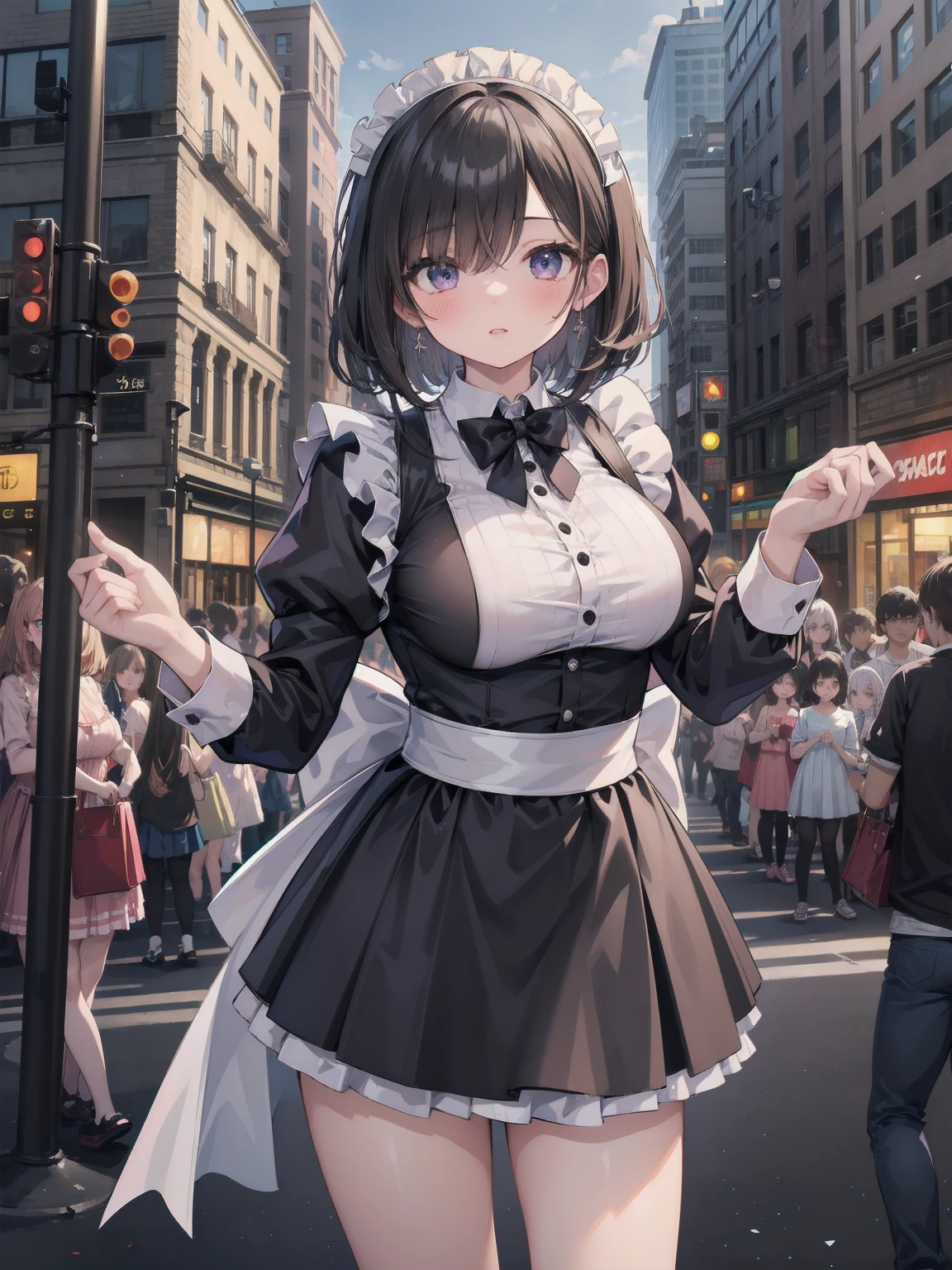 Highly detailed CG Unity 8k wallpaper, Top quality, Highly detailed, Masterpiece, Highly detailed pretty girl, 8 years old, (((lifting skirt by herself))), (lifting skirt by herself)), dynamic angles, sexy pose, blush, lips apart, looking at audience, half body shot, (crowd), (crowded big city)), hair over one eye, immaculate beauty, less revealing maid outfit, classical maid fashion