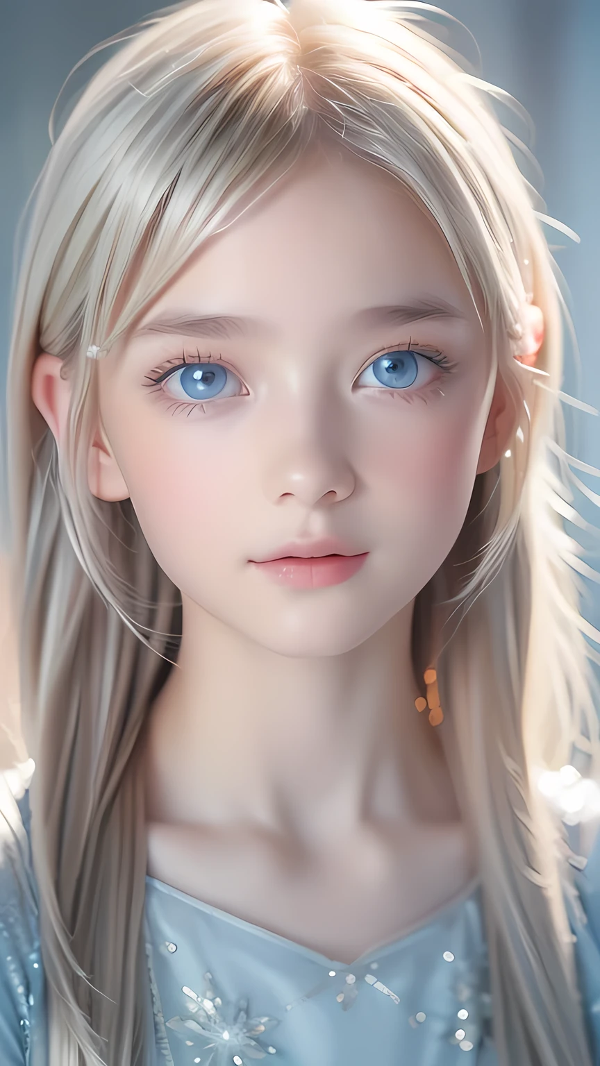 highest quality、8K Masterpiece、Ultra-high resolution、(Realistic:1.3)、RAW Photos、14 year old girl of Scandinavian descent with shiny blonde hair、Silvery blonde hair、Super long straight hair、Bangs between the eyes、bangs over eyes、片bangs over eyes、Bangs between the eyes、White and lustrous skin、1. Cyberpunk Super Beautiful Soldier、((Ultra-Realistic Details))、Portraiture、Global Illumination、Shadow Realm、Octane Rendering、8K、Super sharp、Metal、Cold colors、、Very intricate details、Realistic Light、CG Association Trends、Very beautiful, large light blue eyes、Very big eyes、Eyes shining towards the camera、Neon Details、Small Face Beauty、Round face、Cheek highlight