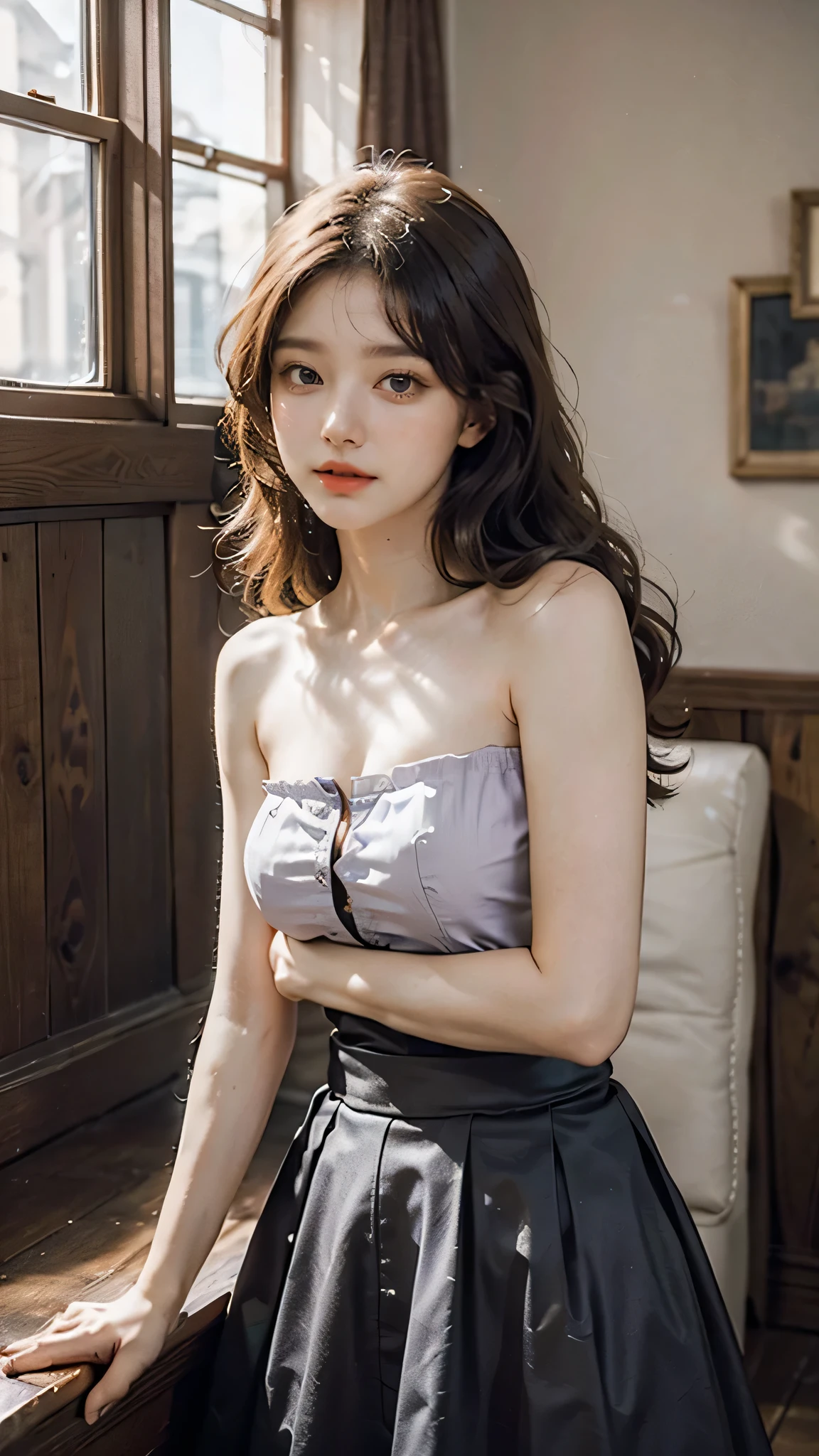 detailed background, masterpiece, best quality, 1 person , curly hair, long hair, purple eyes, star in eye , silver shinny Strapless blouse, long skirt
